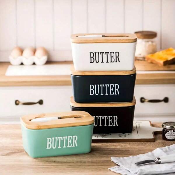 1 Stück rechteckige keramische Butterdose mit verschließbarem Deckel und Buttermesser - sicher, hochtemperaturgebrannt, reißfest, geeignet für Küchen zu Hause, Restaurants, Wohnmobile, Backen, Küchenhelfer, Tischzubehör, Küchenlagerung und -organisation, perfektes Geschenk für Familie und Freunde