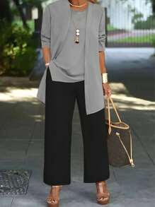 3pcs/Set Women Casual Solid Color Outfit: Jacket Cardigan + Round Neck Sleeveless Tank Top + Elastic Waist Draped Pocket Straight Leg Pants, Spring/Autumn/Winter