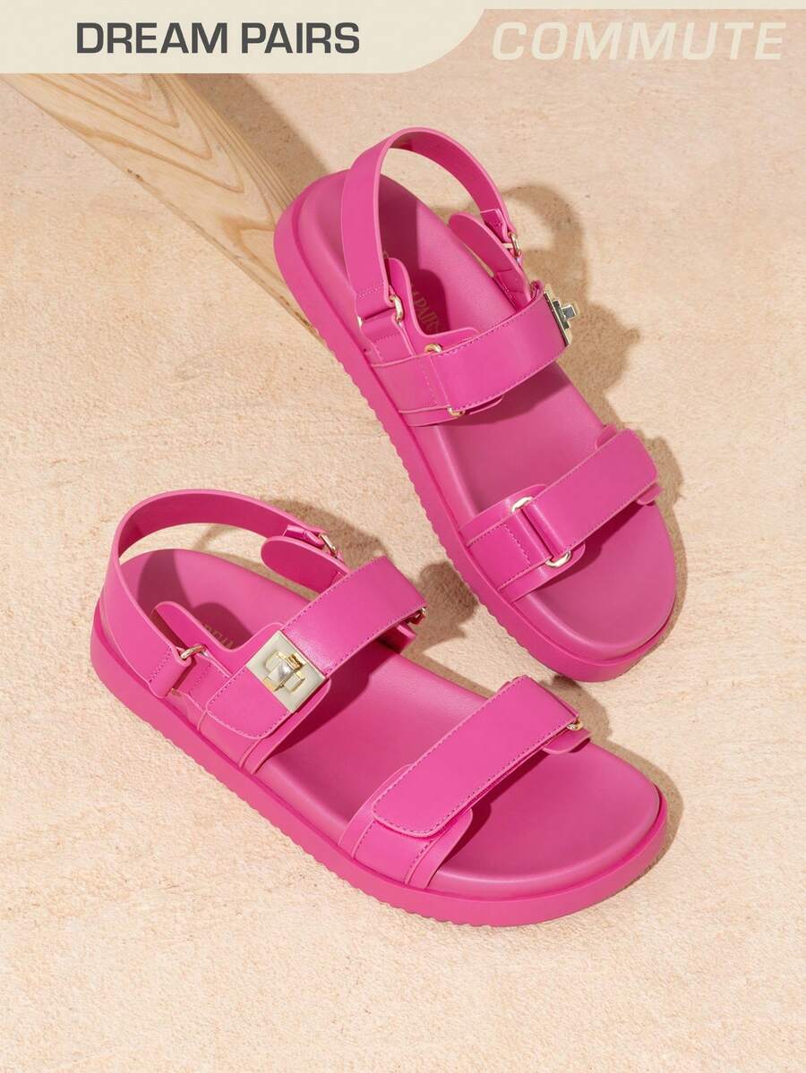 Women Flat Sandals Hook-And-Loop Fashion Summer Comfortable Outdoor Casual Sports Beach Sandals - 玫紅色 - 查看 1