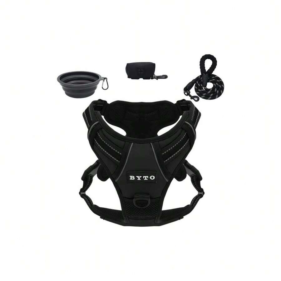 BYTO No Pull Harness Set Reflective Strips 5ft Dog Lead Medium Black - Black - View 1