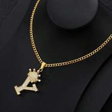 Collar con colgante de letra con corona de circonita para hombres y mujeres, collar de cadena con inicial tipo hip hop, regalo de joyería para mejores amigos - collar - Ver 23