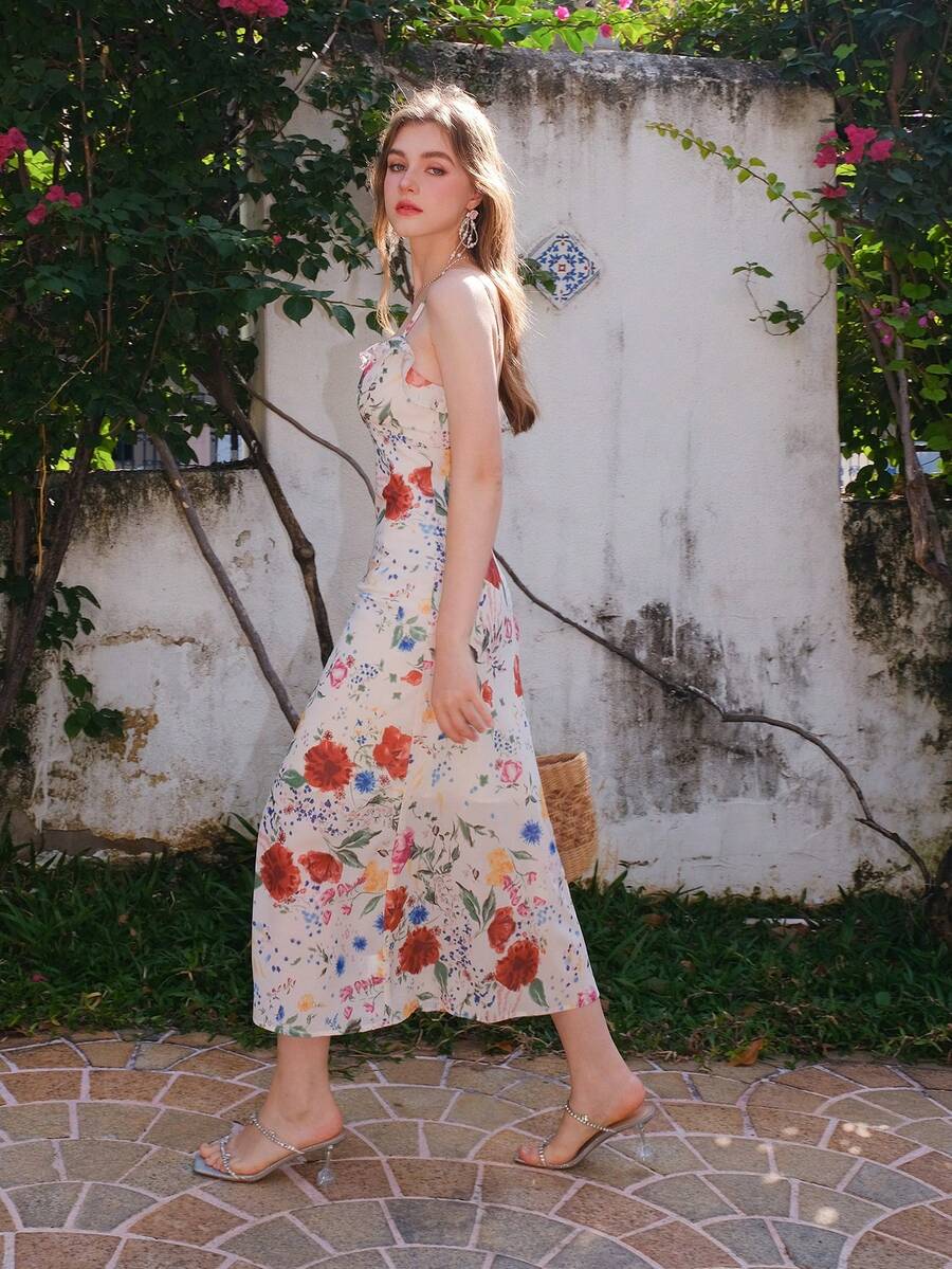 Vestido de seda de tirantes con estampado floral retro para mujer - Beis - Ver 1