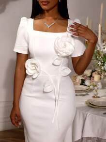 Vestido de novia blanco ajustado de la novia con cuello cuadrado, mangas cortas y flores 3D para duchas nupciales, fiesta de boda, vestido de graduación para mujeres, atuendo para citas, fiestas, vestido de novia, vestido de dama de honor, vestido de graduación, invitado de boda