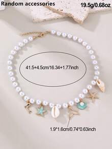 1pc Girls Seashell, Starfish & Pearl Beaded Necklace, Holiday & Daily Wear Decor - Multicolor - View 8