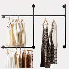 1pc Industrial Pipe Clothing Rack, Hanging Garment Rack, Wall Mounted Pipe Clothes Rack With 3-5 Hanging Rods, Heavy Duty Garment Rack, Industrial Steampunk Closet Organizer Hall Tree,Metal Garment Bar, Multi-Purpose Hanging Rod For Closet Storage, Household Storage Organization For Bedroom, Bathroom, Wardrobe, Wall Decor, Home Decor(Metal Pipes-Black)