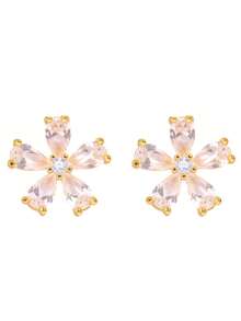 1 Pair Cute Transparent Zirconia Flower Stud Earrings, Suitable For Women's Wedding Wear, Shiny Crystal Fashion Bridal Jewelry - Gold - View 3