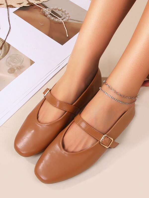 Ballet Flats With Square Adjustable Buckle Strap
