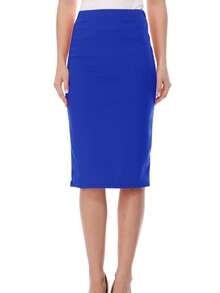Elastic High Waist Stretch Comfy Office Work Wear Solid Midi Skirt S-3XL  Plain  Elegant  Casual    Zipper  Split      Office  Home - 寶藍色 - 查看 1