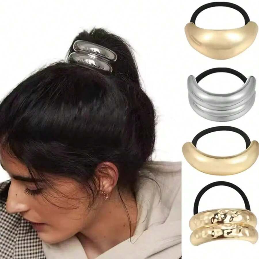 Geometric Metallic Hair Ties Set, Elegant Minimalist Hair Accessories, Chic Elastic Hair Bands For Ponytail, Cross-Border, Solid Color