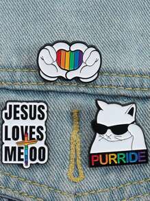 Juego de 3 Piezas Alfileres Esmaltados con Diseños LGBT, Gato Orgullo Gay, Corazón con Gestos de Mano y Lema "Jesús también me ama", Regalos Joyería Insignia para Solapa