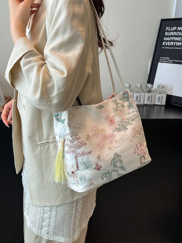 Bohemian Embroidered Women's Handbag - Large Capacity Shoulder Bag, Chinese Style Large Capacity Canvas Storage With Landscape Retro Pattern, Multi Functional Commuter Bag Essential For Daily Work/Travel/Festival Style