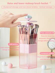 1个装 按压式自动弹出化妆刷收纳桶，带透明盖滑动开口防尘化妆刷收纳盒，适用于梳妆台、旅行、情人节、房间装饰、手提包、女士化妆包、邮轮旅行必备、设计师手提包、基础款、梳妆台必备、房间、可爱化妆包 - 彩色 - 查看 2