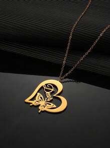 1pc Customized Girl's Name Love Butterfly Pendant Necklace, Fashionable & Delicate Personalized Letter Heart Butterfly Collar DIY Stainless Steel Nameplate Necklace, Girl's Party Accessories Birthday Gift