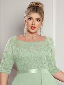 加大号船领花卉蕾丝撞色雪纺荷叶边下摆鸡尾酒会秋千连衣裙