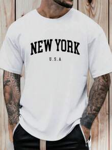 Playera Camiseta Con Estampado De Letras New York Para Hombre, Camiseta De Cuello Redondo Y Manga Corta Estampada Para Hombre, Camiseta Para Toda Ocasión, Ropa De Hombre - Blanco - Ver 1
