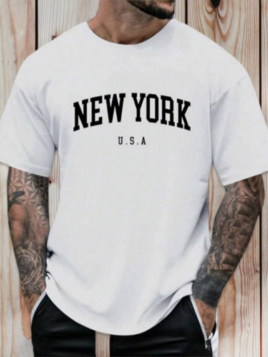 Playera Camiseta Con Estampado De Letras New York Para Hombre, Camiseta De Cuello Redondo Y Manga Corta Estampada Para Hombre, Camiseta Para Toda Ocasión, Ropa De Hombre - Blanco - Ver 1