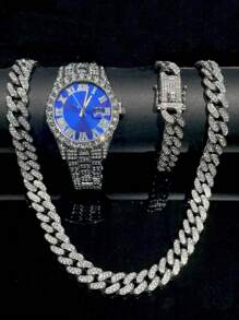 Luxury Alloy Men's Quartz Watch, With Rhinestone Rhinestone Crystal And Date, Paired With A Hip-Hop Cuban Necklace And Bracelet Set