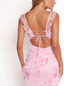 Women Y2k Boho Maxi Dress Floral Lace Sheer Tiered Flowy Cami Long Dress 2025 Summer Smocked Beach Sundress - 粉色 - 查看 5