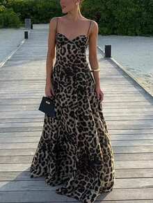 1 件豹纹全印花优雅荷叶边下摆连衣裙，休闲海滩派对装，轻质梭织面料，春夏季 - 彩色 - 查看 3