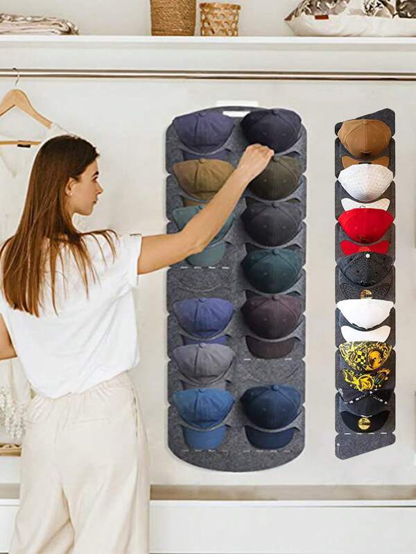 Bolsa de almacenamiento colgante para sombreros, organizador de gorras de poliéster gris oscuro para gorras de béisbol y talla grande, para el hogar. La bolsa de almacenamiento de sombreros se puede colgar en armarios, detrás de puertas, ahorra espacio (solo se incluye la bolsa colgante de almacenamiento de sombreros, los sombreros no se incluyen)