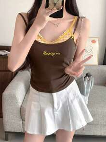 女士黑色二合一格子蕾丝边刺绣字母修身吊带背心 - 棕色 - 查看 2