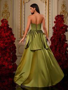 Luxury Green Off Shoulder Satin Strapless Hi-Lo Dress With Rosette Detail, Asymmetrical Prom Gown For Women, Elegant Party Evening Dress, Statement Design, Formal Occasion Wear - Olive Green - View 2