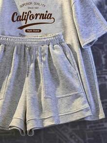 Dziewczęcy letni zestaw strojów California Print od 1987 r., koszulka z krótkim rękawem i luźne spodenki z modnymi kieszeniami, odpowiednie na zewnątrz