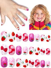 24pcs Kids Press-On Nails Girls Fashion False Nails Set, Kids Nails Artificial False Nails Patches Pre-Glued Full Coverage Short Acrylic Nails Suitable For 3-12 Years Old Kids Nails Great For Girls Birthday Gifts Kids Nail Art Decoration (Sweet Girly)