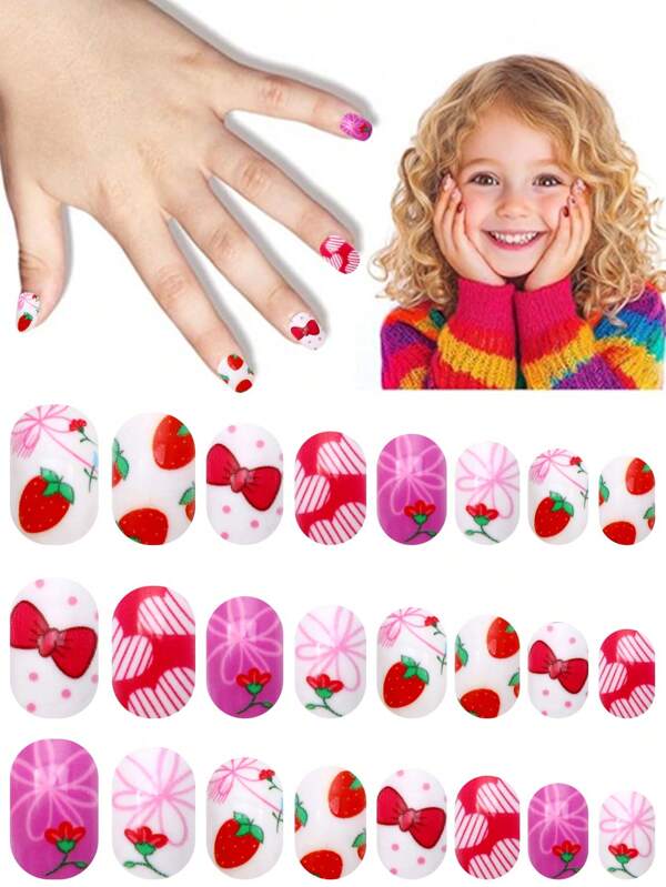 24pcs Kids Press-On Nails Grils, Girls Fashion False Nails Set, Kids Nails Artificial False Nails Patches Pre-Glued Full Coverage Short Acrylic Nails Suitable For 3-12 Years Old Kids Nails Great For Girls Birthday Gifts Kids Nail Art Decoration (Sweet Girly)