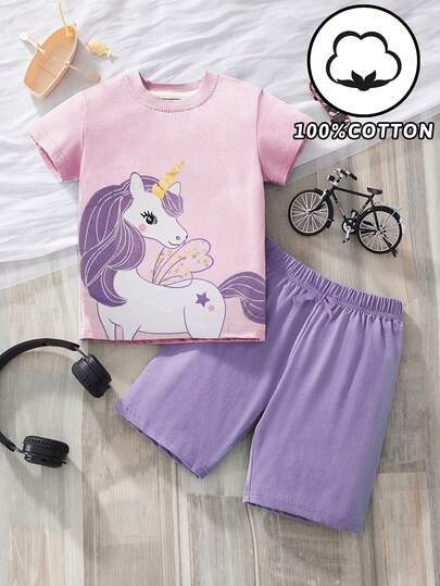 年輕少女短袖T恤套裝，卡通獨角獸印花設計，夏季休閒短褲2件套裝