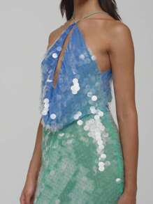 Women Halter Neck Dress Casual Contrast Colors Sequins Cowl Neck Backless Mini Party Dress For Beach Club Streetwear