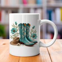 White Ceramic Mug With Turquoise Cowboy Boots And Flowers Print For Home Or Office Use - White - View 2