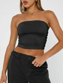 KIT 2 Basic Tube Cropped Top For Women, Strapless, Double Fabric, Without Pads - Royal Blue + Brown - View 5