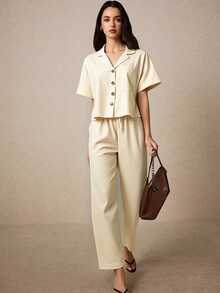 Set de 2 piezas de conjunto de pantalones y blusa con botones de unicolor para vacaciones - Beis - Ver 3