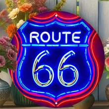 1pc 2D Vintage Route 66 Neon Sign Style 8-Inch Round Wooden Plaque, Battery-Free - Classic Americana Decor Suitable For Bar, Cafe, Beach House, Backyard Or Patio - Random Hole Style Room Decor Bedroom Decor Home Decor Wall Decor