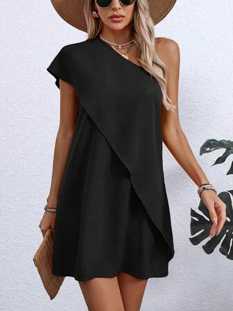 Vestido asimétrico de hombros descubiertos de estilo elegante y ligero de poliéster - Vestido casual ajustado para mujeres