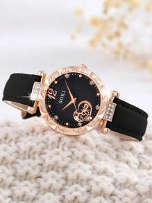 SOKI Relógio feminino 6 peças/conjunto, relógio de quartzo casual moderno para mulheres com mostrador em formato de pêssego e colar de coração, brincos, pulseira, anéis, conjunto de joias adequado para mulheres, festas, feriados, aniversários ou como irmãs, o melhor presente para uma mulher (sem caixa)