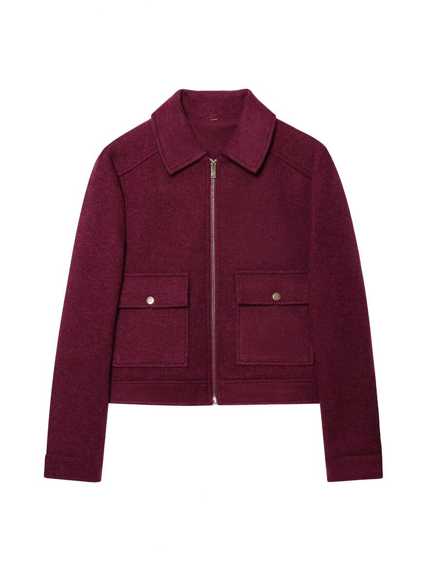 Women's Soft Jacket, New Autumn/Winter Women's Zip-Up Short Jacket, Long Sleeve Pocket Bomber Jacket - Burgundy - View 1