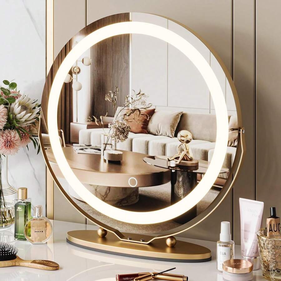 HomelyHues 19 Inch Vanity Mirror With LED Lights, HD Makeup Mirror With Touch Control & 3 Color Lighting Modes, Round Desk Mirror, 360°Rotation, For Bedroom Tabletop, Easy To Install - 金色 - 查看 1