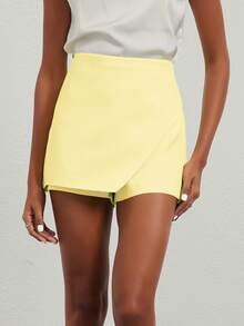 Se-Helo Fashionable Women's Casual Versatile Solid Color Asymmetrical Skirt Shorts - Light Yellow Summer - Light Yellow - View 3