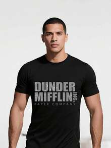 Hombres Playeras Negra Camiseta con Estampa de Dunder Mifflin Office - Negro - Ver 1