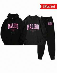 Conjunto de sudadera y pantalones de poliéster casual para mujeres de 3 piezas, pulóveres de manga larga con estampado de alfabeto, ajuste suelto con bolsillos, tejido de punto, colección de primavera/otoño - Negro - Ver 1