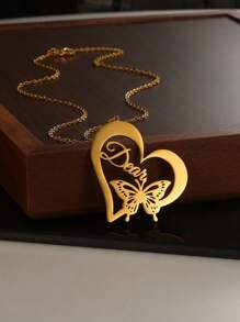 1pc Customized Girl's Name Love Butterfly Pendant Necklace, Fashionable & Delicate Personalized Letter Heart Butterfly Collar DIY Stainless Steel Nameplate Necklace, Girl's Party Accessories Birthday Gift