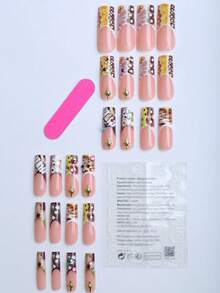 24 Pcs Long Square Detachable Portable Press On Nails Gift Box, Cool And Spicy White Rice Dumpling Color-Matching Crocodile Pattern Seven-Color Round Diamond Golden Star Personalized Gift, Essential For Banquets, Dusk Sunset Wave French Edge Fashionable Matching Detachable Nail Art With 1 Piece Of Jelly Glue And 1 File Strip Nail Supplies Nails - Multicolor - View 3