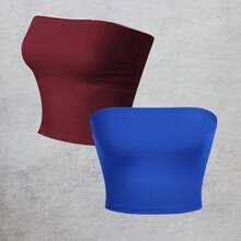 KIT 2 Basic Tube Cropped Top For Women, Strapless, Double Fabric, Without Pads - Wine + Royal Blue - View 2