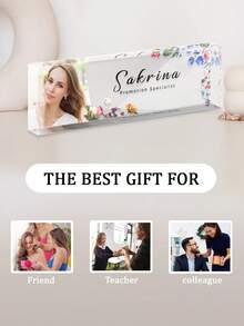 Personalized Acrylic Office Desk Name Plate - Customized With Photo And Name Engraved, Business Style Design, Floral Decor, Finish, Suitable For Office, Teacher, Receptionist, Professional Work Area Decoration Back To School - Multicolor - View 5