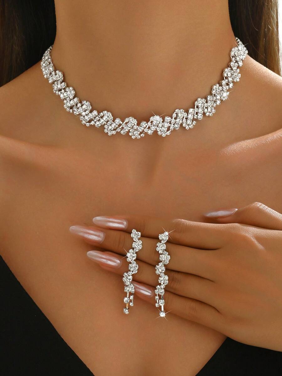 3pcs/Set Women Jewelry Set - Necklace, Earrings, Geometric Pattern, Elegant Bridal Accessory, Suitable For Party And Wedding