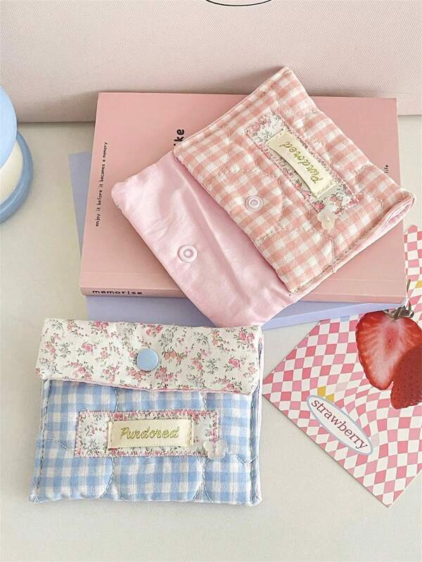 1 Pc Light Pink Mini Florals Makeup Bag Portable Women Cute Lipstick Key Coin Storage Pouch Snap Button Sanitary Napkin Bag
