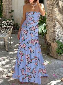 Women Y2K Floral Long Tube Dress Strapless Sheer Mesh Slit Dress Off Shoulder Ruffle Flowy Beach Dresses - 藍色 - 查看 3