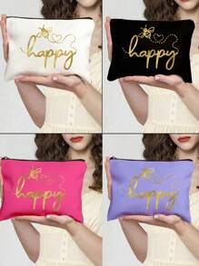 Make-uptas met opdruk van de letters "Happy" en een klein bijenpatroon - lichtgewicht en geurloze reistas van polyester, geschikt voor natuurliefhebbers en vrouwen, leuke multifunctionele canvas tas in cartoonstijl, perfect cadeau voor tieners, verjaardags- en reisaccessoires, vakantiecadeaus, boho-sfeer, voor strandvakanties, badkamercollectie, slaapkamercollectie, grote capaciteit